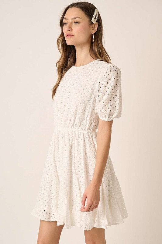 Eyelet Round Neck Puff Sleeve Mini Dress–Cute, Elegant, Feminine and Chic Mini Dress with Romantic Puff Sleeves and Delicate Eyelet Design