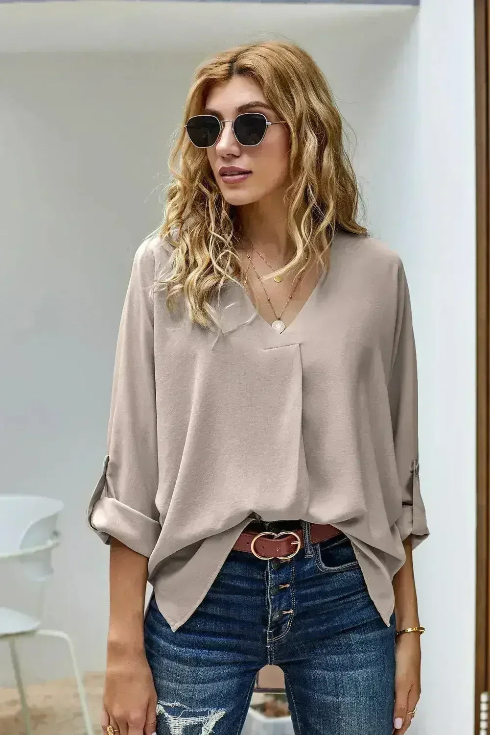Elegant Apricot V Neck 3/4 Sleeve High Low Hem Shirt