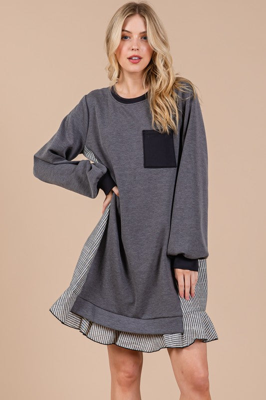 Striped Patchwork Round Neck Terry Sweatshirt Dress For Women – Casual, Trendy, Cozy, Playful, Relaxed Vibe for Everyday Wear