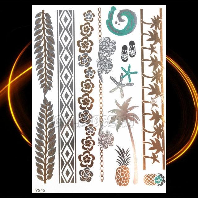 1PC Gold Chain Bracelet Tattoo Sticker Summer Style Fake Jewelry Temporary Tattoo Waterproof Gold Sliver Glitter Body Face Tattoo For Womens
