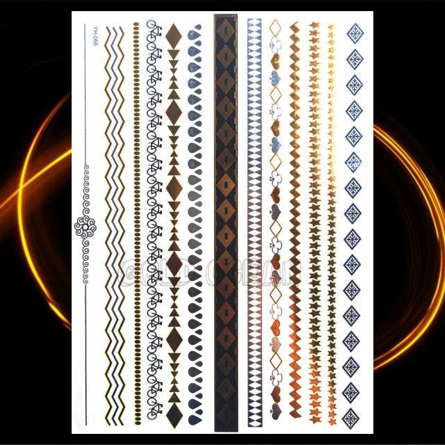 1PC Gold Chain Bracelet Tattoo Sticker Summer Style Fake Jewelry Temporary Tattoo Waterproof Gold Sliver Glitter Body Face Tattoo For Womens