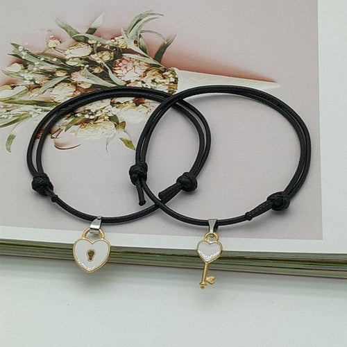 2 pcs Set Couple Trendy Bracelet For Friend Lock Key Design Black Color Rope Couple Bracelets For Women Men Attraction Matching Bracelet Gifts For Boyfriend Girlfriend Best Friend Eternal Love Charms Adjustable Jewelry