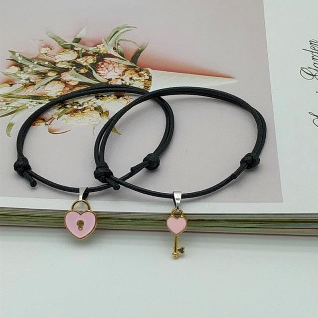 2 pcs Set Couple Trendy Bracelet For Friend Lock Key Design Black Color Rope Couple Bracelets For Women Men Attraction Matching Bracelet Gifts For Boyfriend Girlfriend Best Friend Eternal Love Charms Adjustable Jewelry