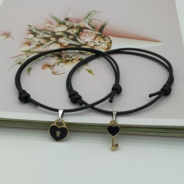 2 pcs Set Couple Trendy Bracelet For Friend Lock Key Design Black Color Rope Couple Bracelets For Women Men Attraction Matching Bracelet Gifts For Boyfriend Girlfriend Best Friend Eternal Love Charms Adjustable Jewelry