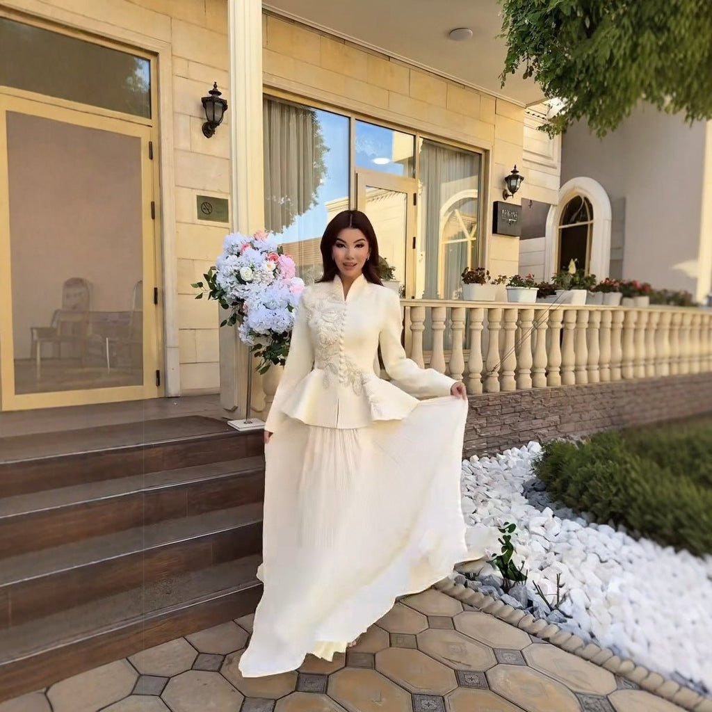2-Piece Embroidered Peplum Jacket & Micro Pleat Maxi Skirt Set(MS417)