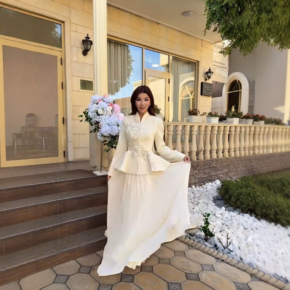 2-Piece Embroidered Peplum Jacket & Micro Pleat Maxi Skirt Set(MS417)