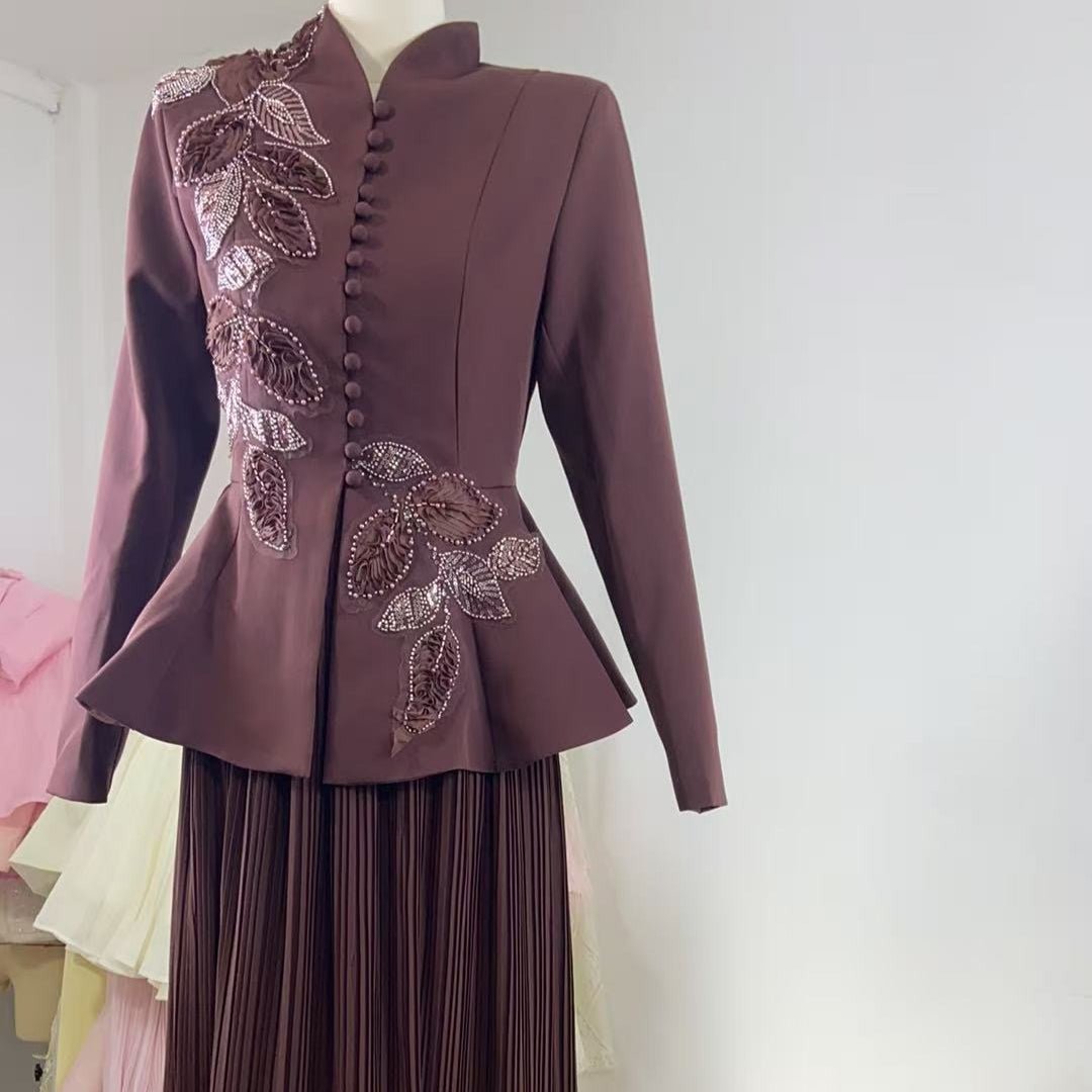 2-Piece Embroidered Peplum Jacket & Micro Pleat Maxi Skirt Set(MS417)