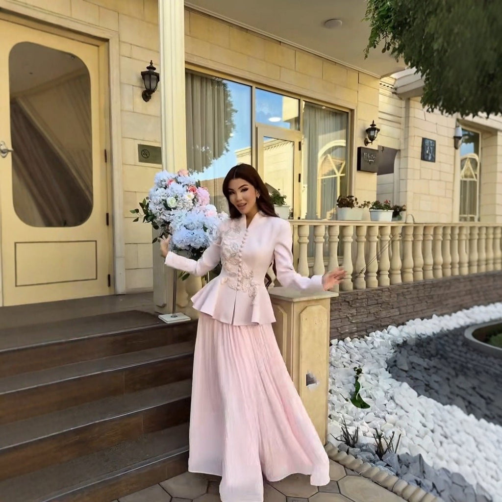 2-Piece Embroidered Peplum Jacket & Micro Pleat Maxi Skirt Set(MS417)
