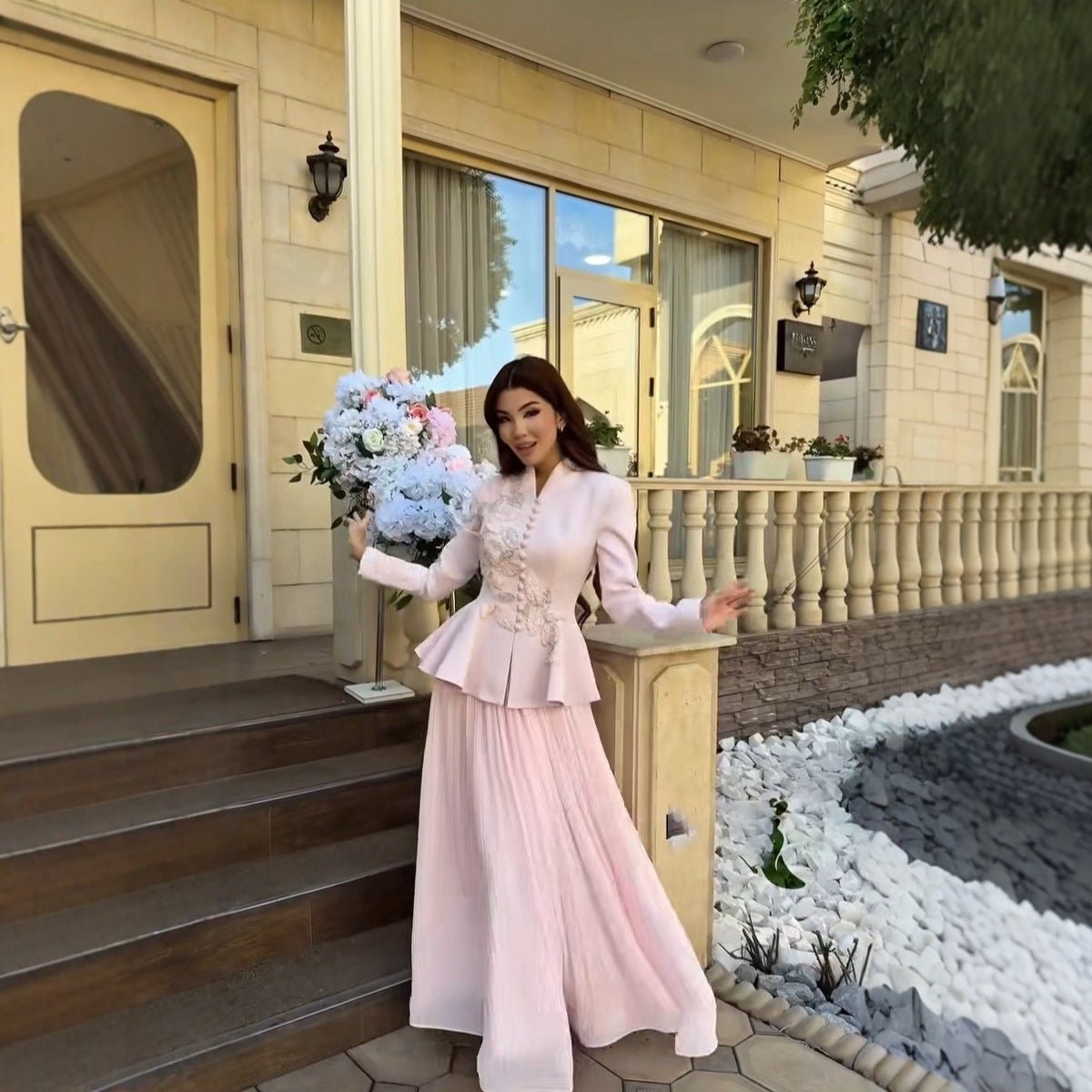2-Piece Embroidered Peplum Jacket & Micro Pleat Maxi Skirt Set(MS417)