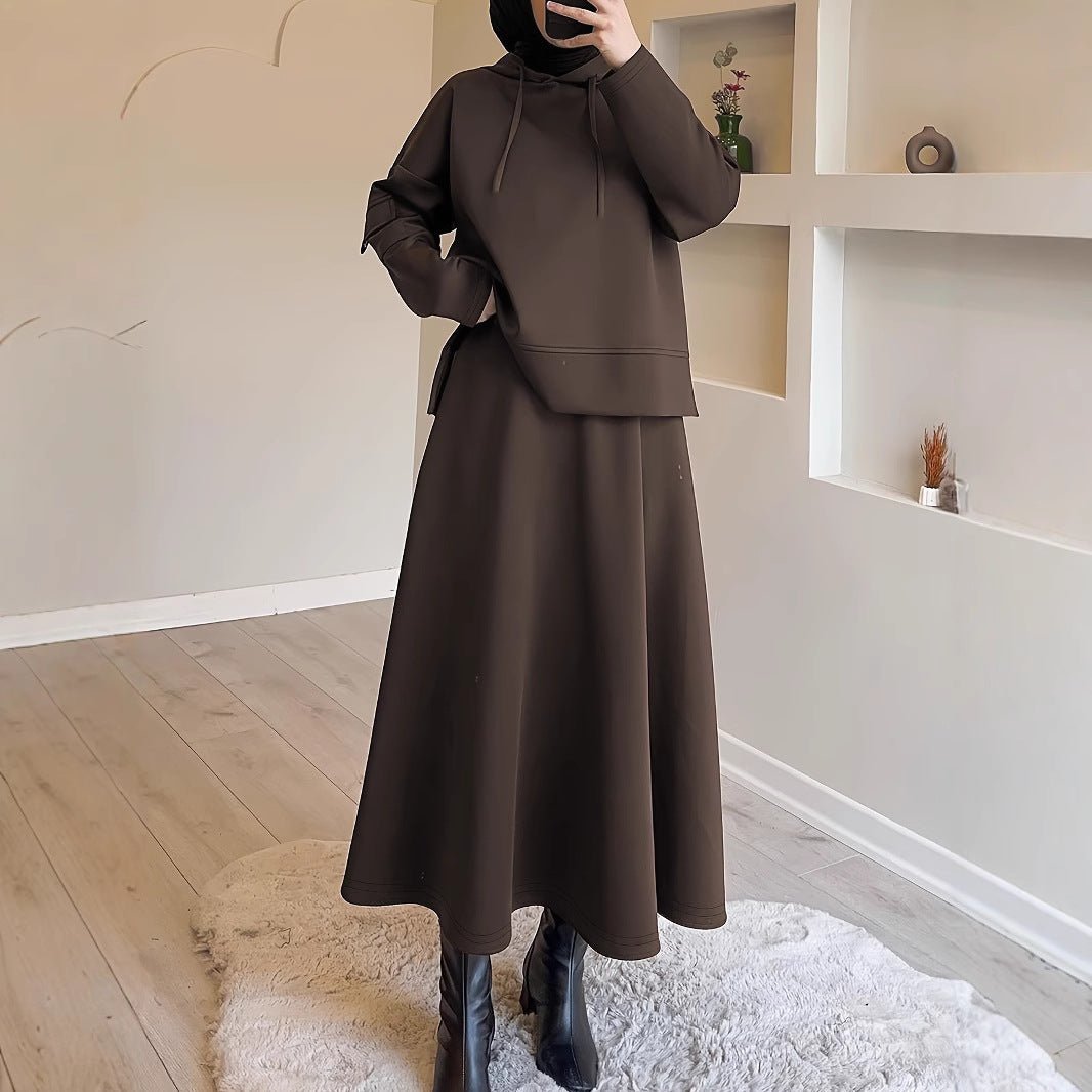 2-Piece Hoodie Top & Full A-Line Maxi Skirt Set(MS427)