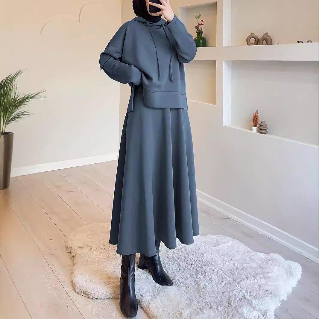 2-Piece Hoodie Top & Full A-Line Maxi Skirt Set(MS427)