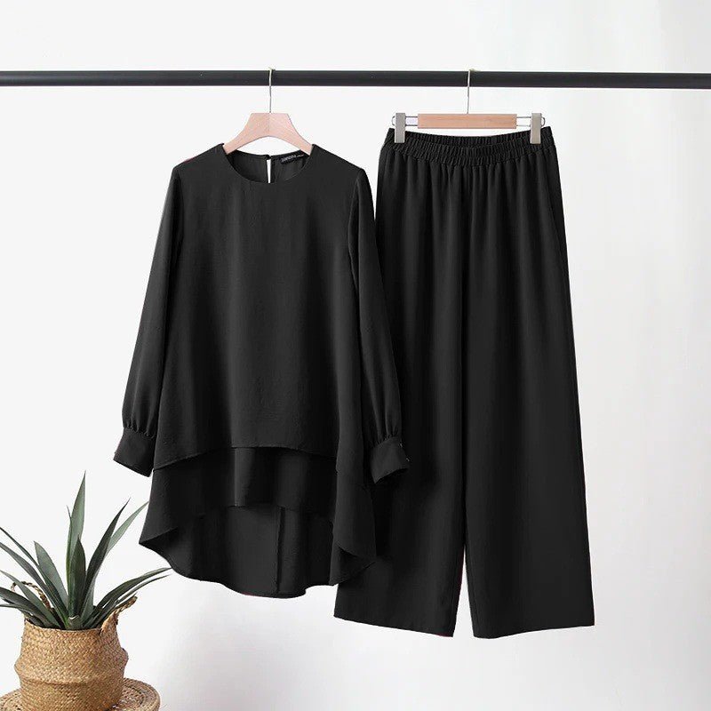 2-Piece Ice Silk Crinkle Hi-Lo Top & Wide Leg Pants Set(MS421)