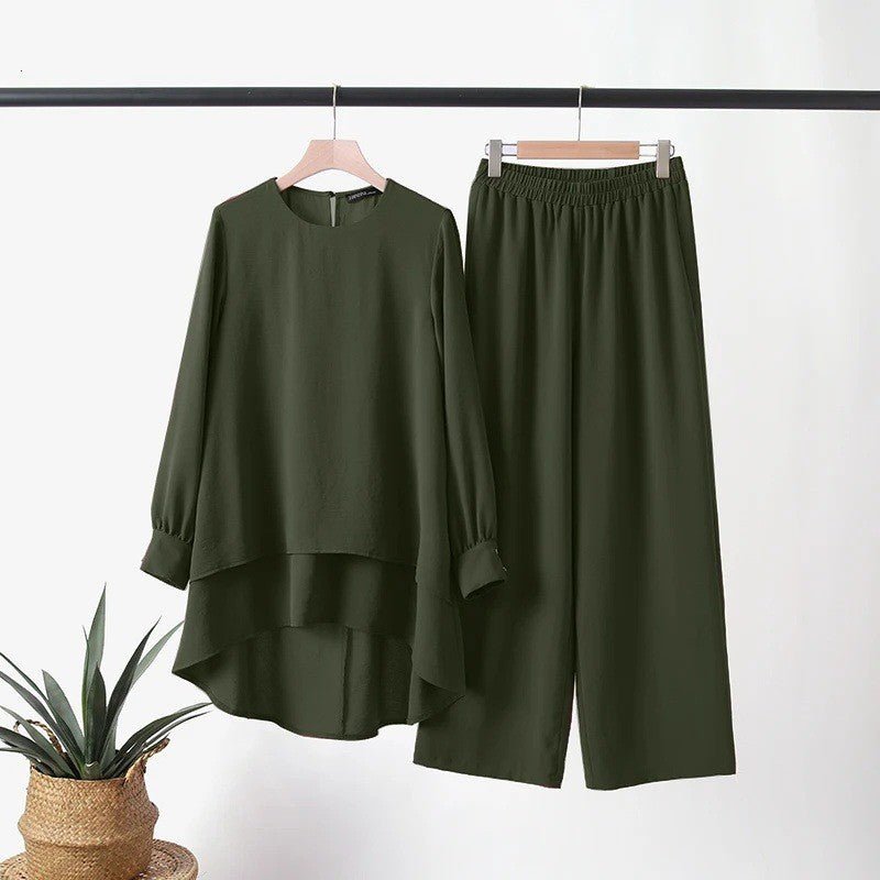 2-Piece Ice Silk Crinkle Hi-Lo Top & Wide Leg Pants Set(MS421)