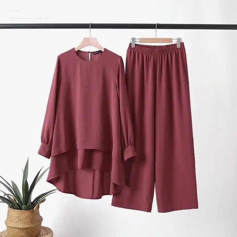 2-Piece Ice Silk Crinkle Hi-Lo Top & Wide Leg Pants Set(MS421)