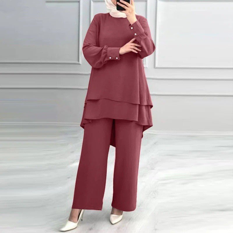 2-Piece Ice Silk Crinkle Hi-Lo Top & Wide Leg Pants Set(MS421)