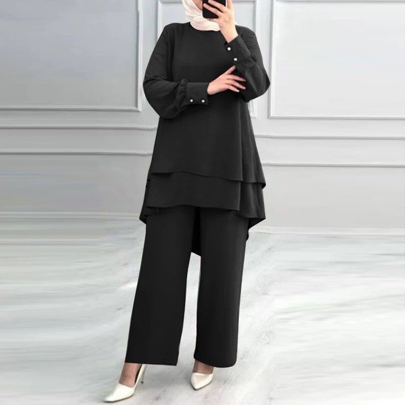 2-Piece Ice Silk Crinkle Hi-Lo Top & Wide Leg Pants Set(MS421)