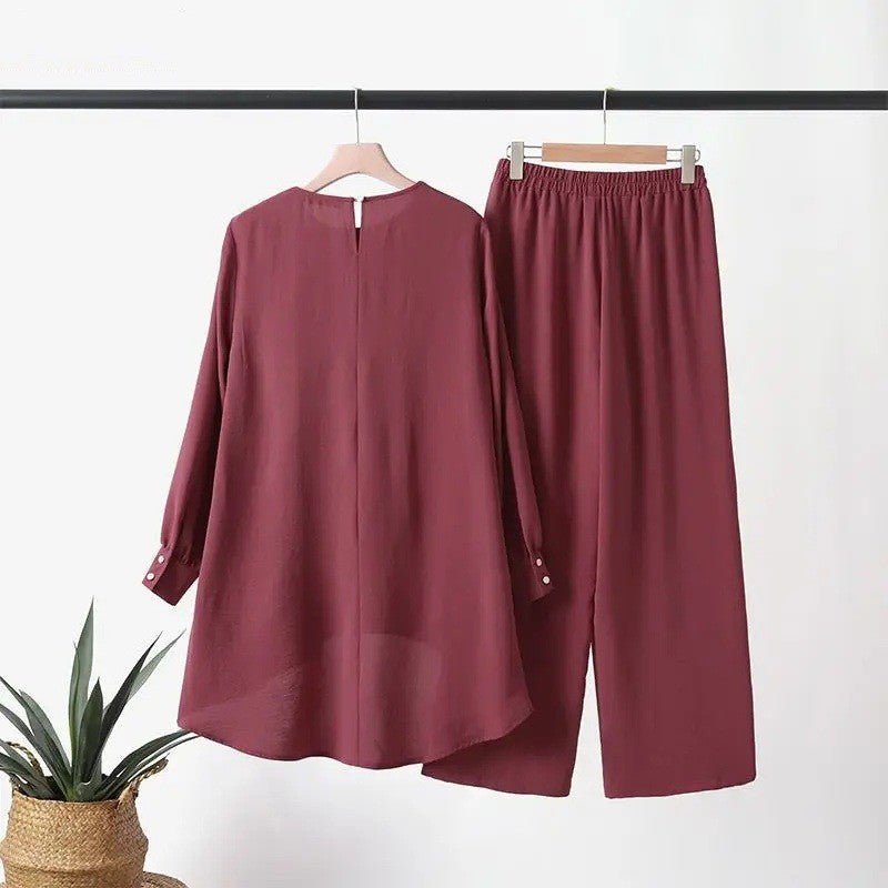 2-Piece Ice Silk Crinkle Hi-Lo Top & Wide Leg Pants Set(MS421)