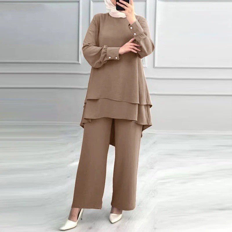 2-Piece Ice Silk Crinkle Hi-Lo Top & Wide Leg Pants Set(MS421)