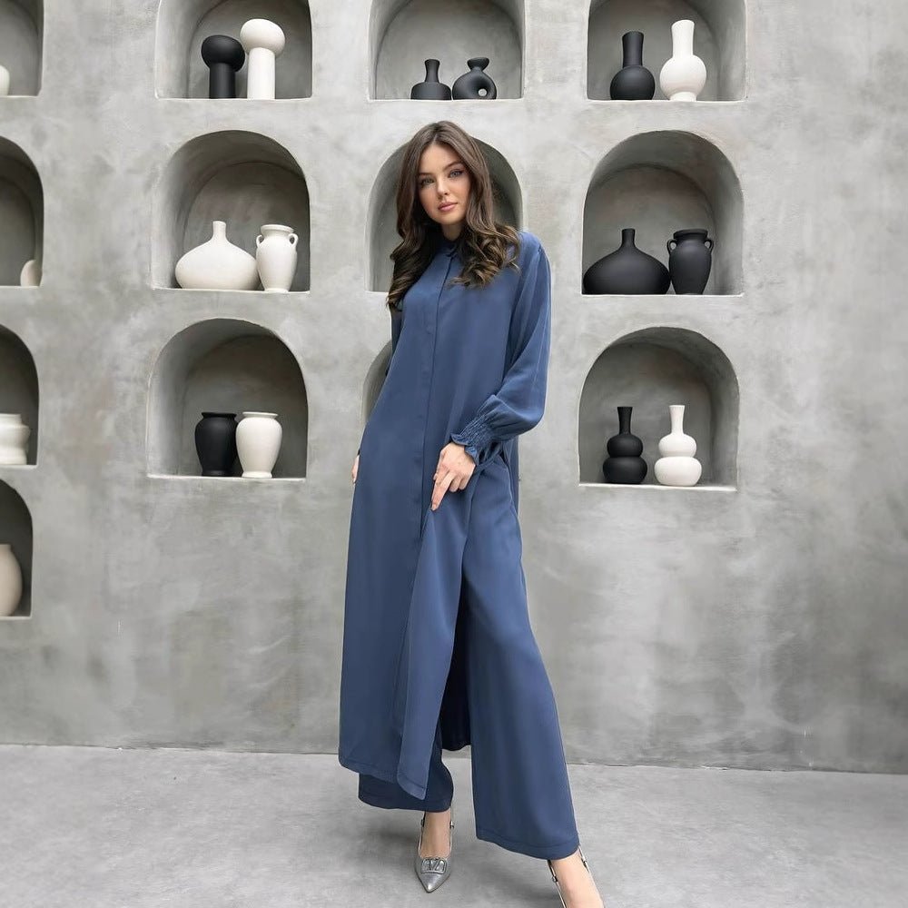 2-Piece Mandarin Collar Longline Shirt & Wide Leg Pants Set(MS418)