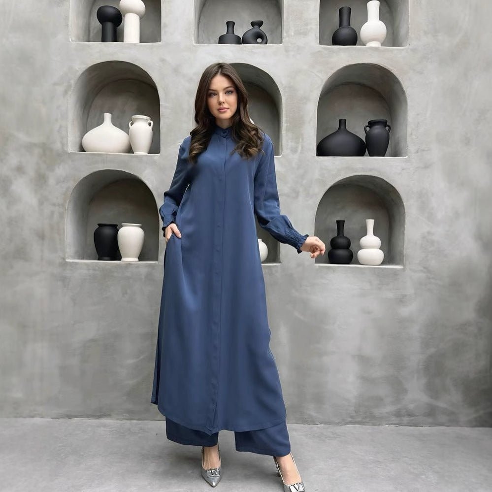 2-Piece Mandarin Collar Longline Shirt & Wide Leg Pants Set(MS418)