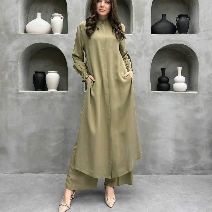 2-Piece Mandarin Collar Longline Shirt & Wide Leg Pants Set(MS418)