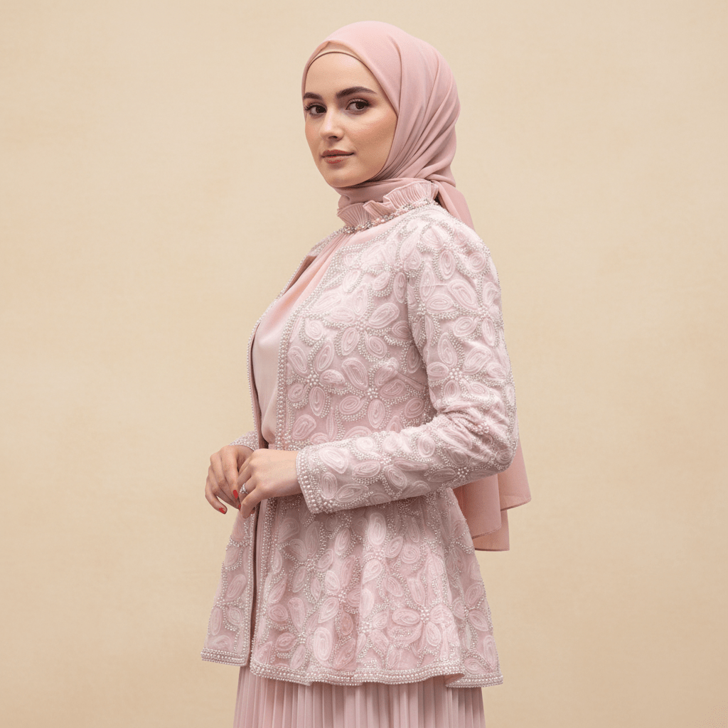 2-Piece Pearl Beaded 3D Rose Embroidered Jacket & Chiffon Pleated Maxi Dress Set(MS401)