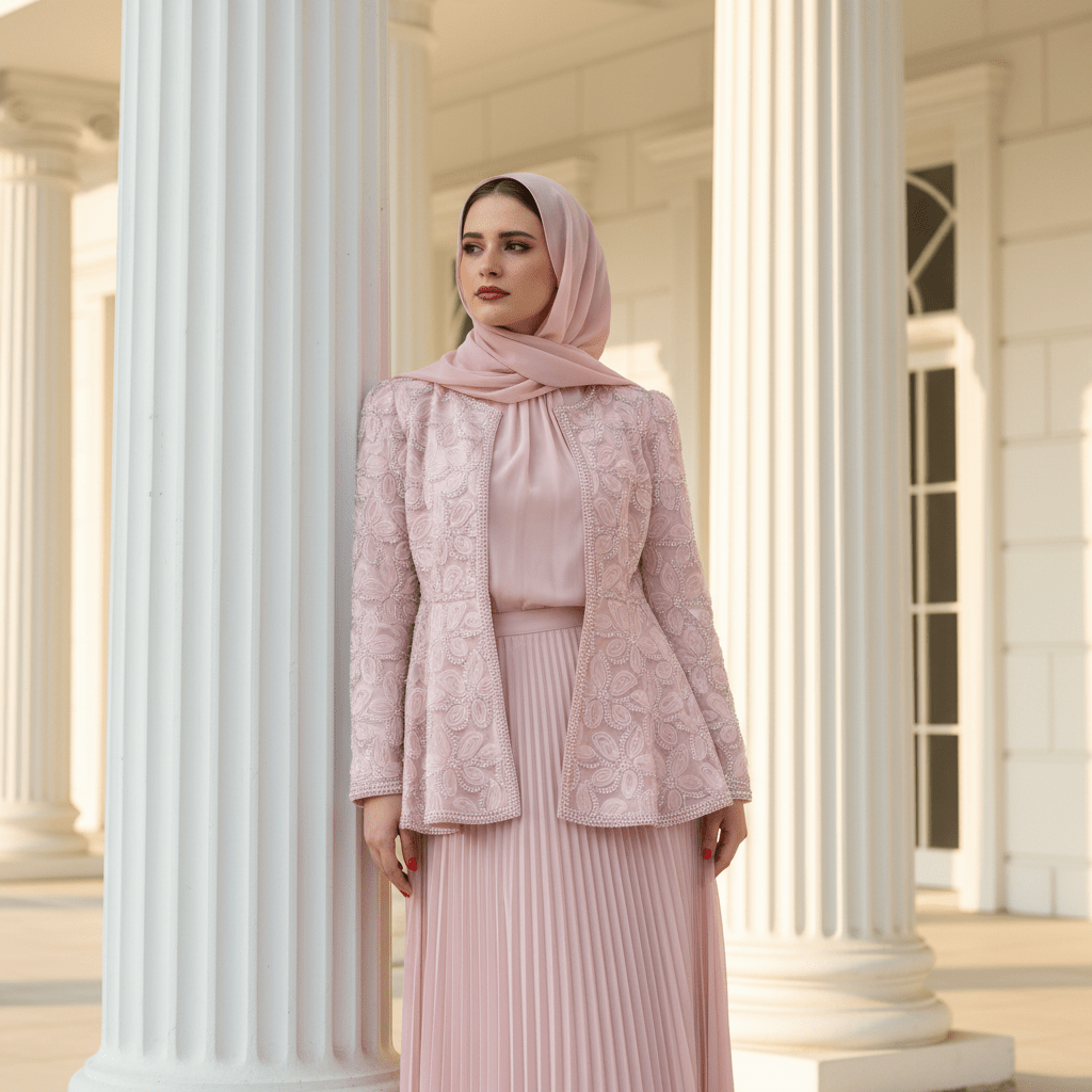 2-Piece Pearl Beaded 3D Rose Embroidered Jacket & Chiffon Pleated Maxi Dress Set(MS401)