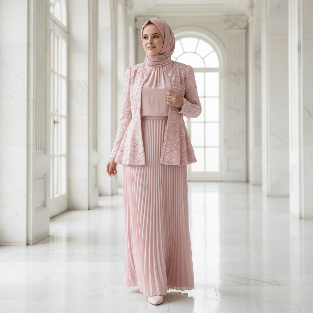 2-Piece Pearl Beaded 3D Rose Embroidered Jacket & Chiffon Pleated Maxi Dress Set(MS401)