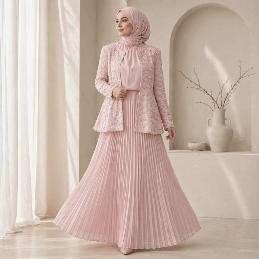 2-Piece Pearl Beaded 3D Rose Embroidered Jacket & Chiffon Pleated Maxi Dress Set(MS401)