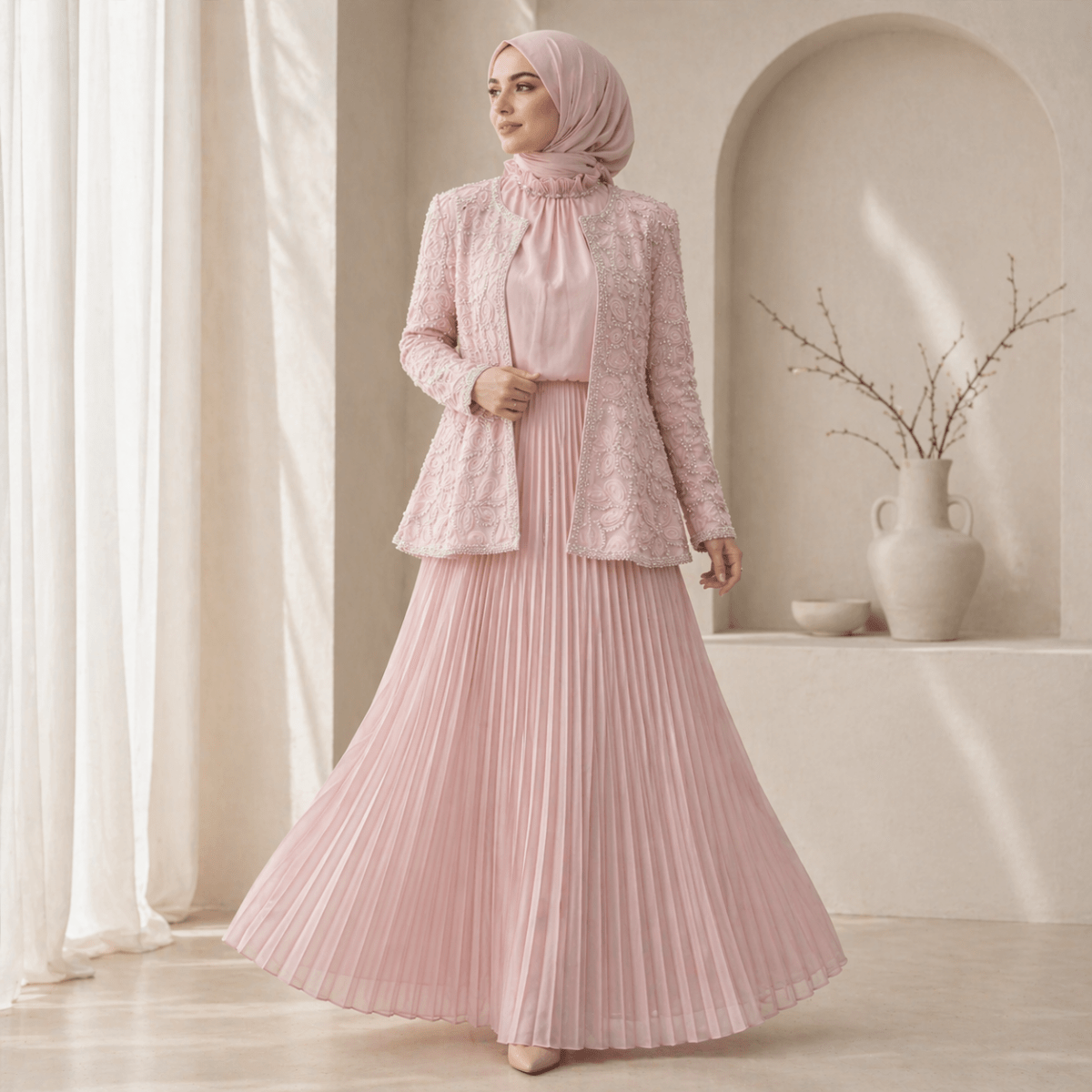 2-Piece Pearl Beaded 3D Rose Embroidered Jacket & Chiffon Pleated Maxi Dress Set(MS401)