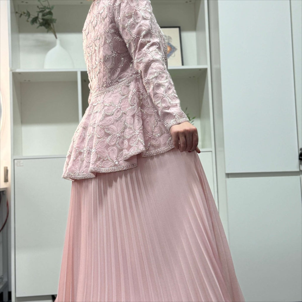2-Piece Pearl Beaded 3D Rose Embroidered Jacket & Chiffon Pleated Maxi Dress Set(MS401)