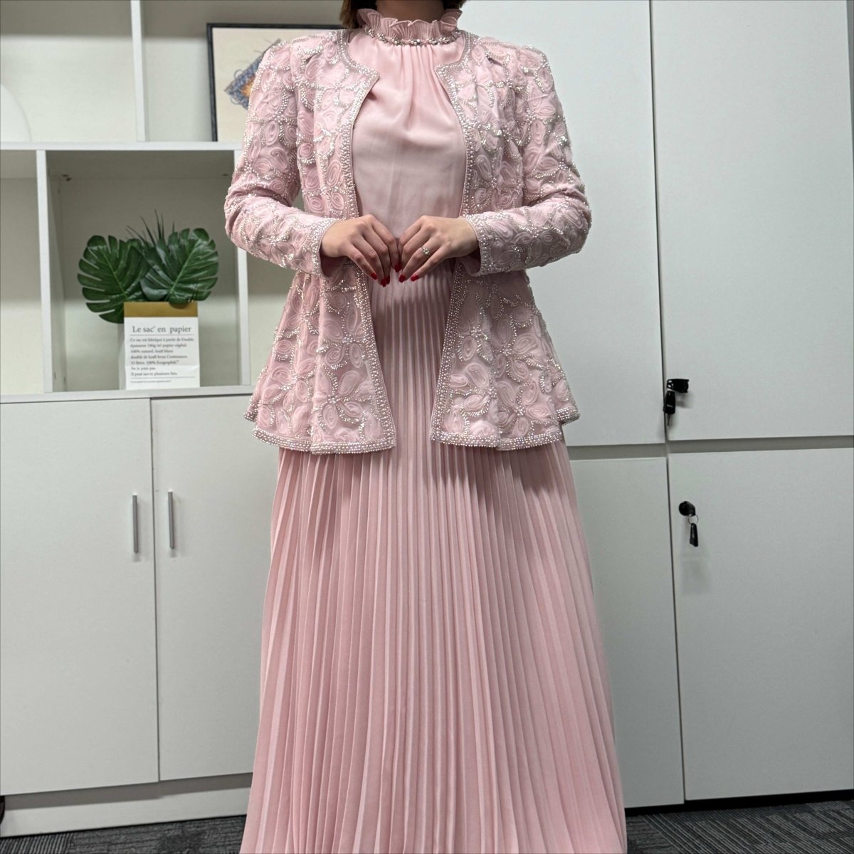 2-Piece Pearl Beaded 3D Rose Embroidered Jacket & Chiffon Pleated Maxi Dress Set(MS401)