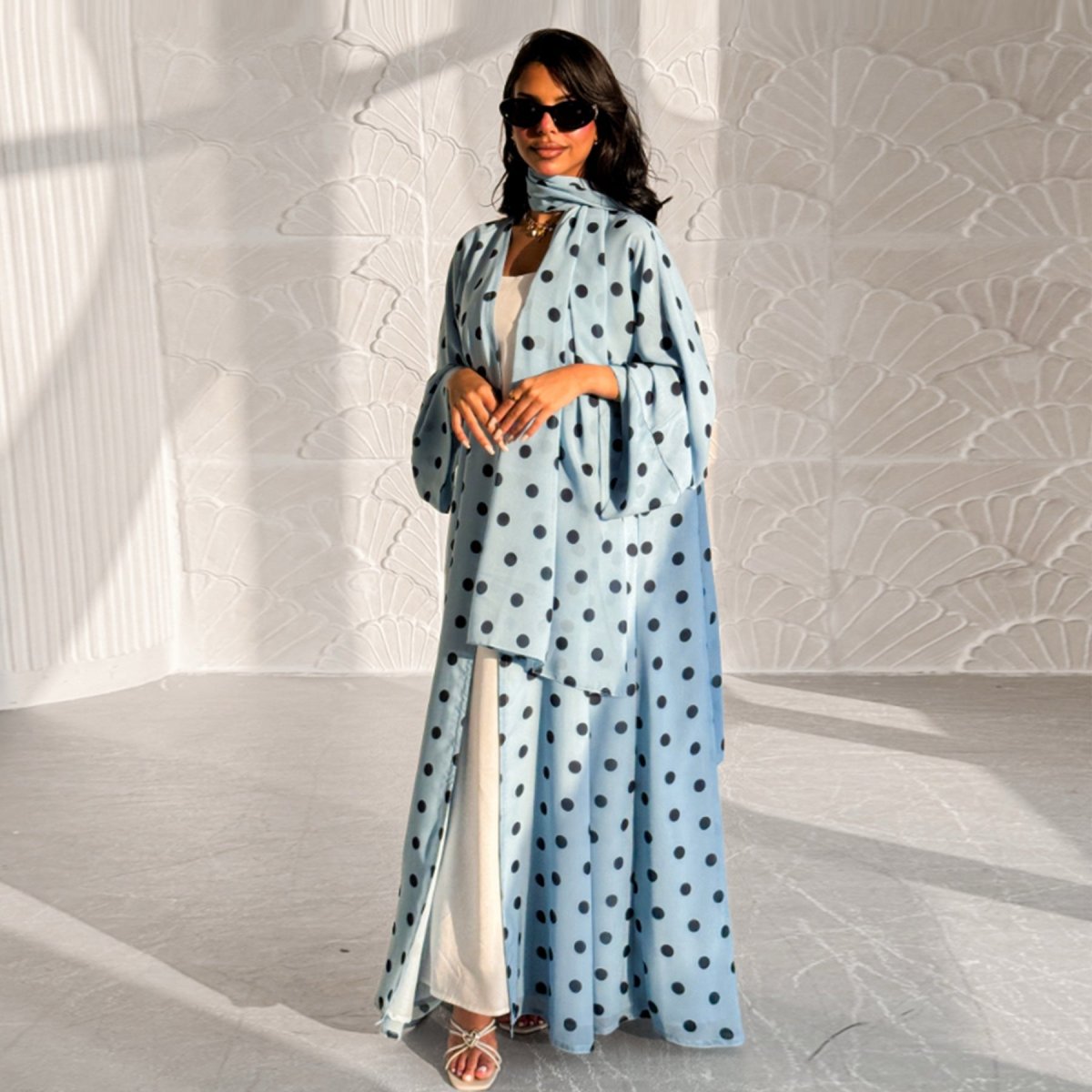 2-Piece Polka Dot Print Open Abaya Set(MOA316)