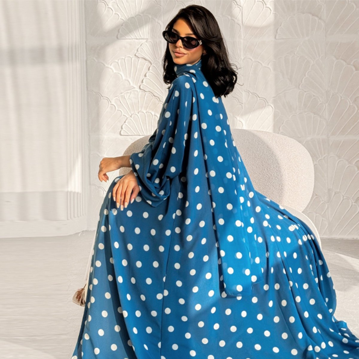 2-Piece Polka Dot Print Open Abaya Set(MOA316)