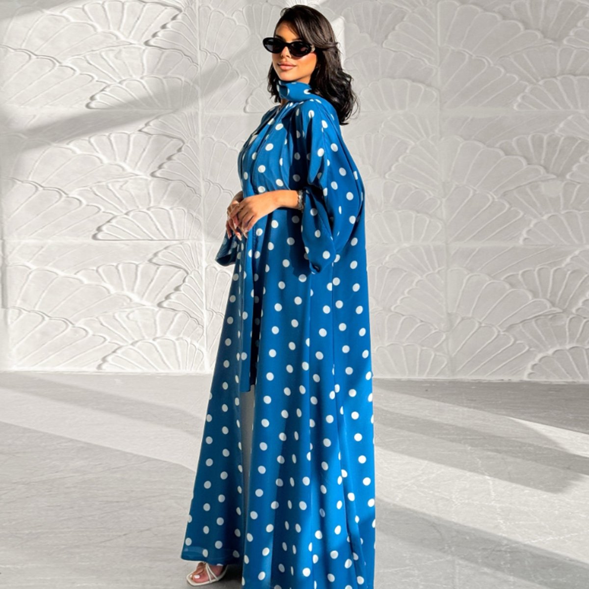 2-Piece Polka Dot Print Open Abaya Set(MOA316)