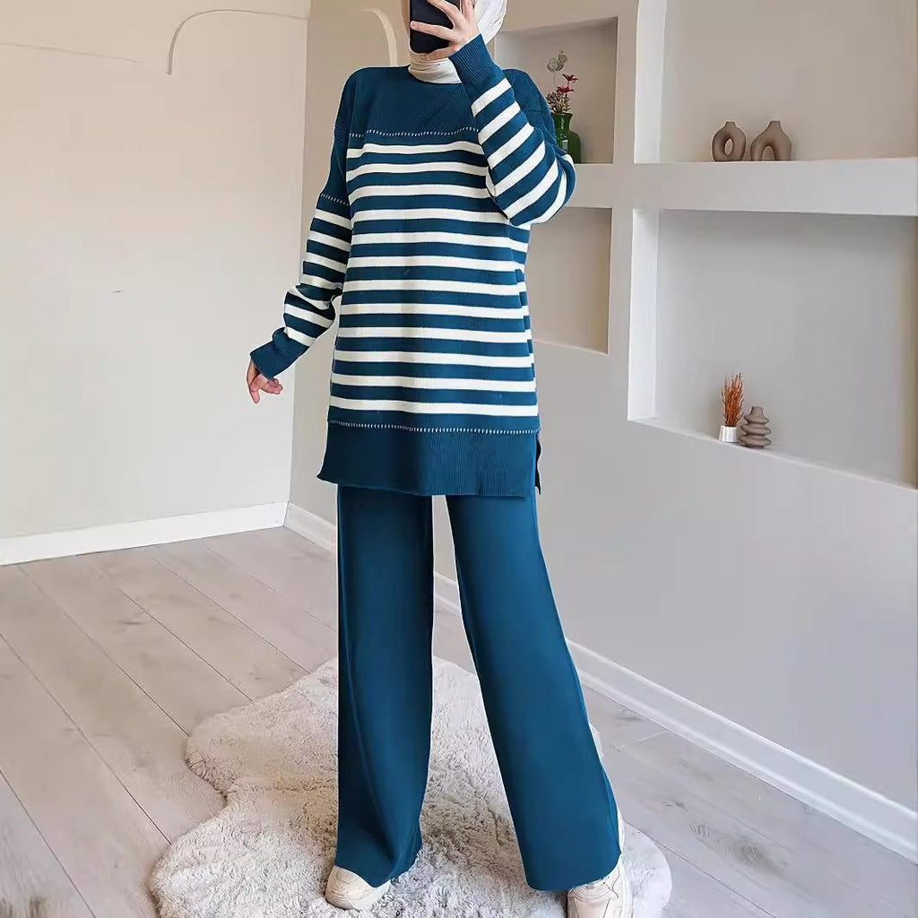 2-Piece Stripe Knit Sweater & Wide Leg Pants Set(MS426)