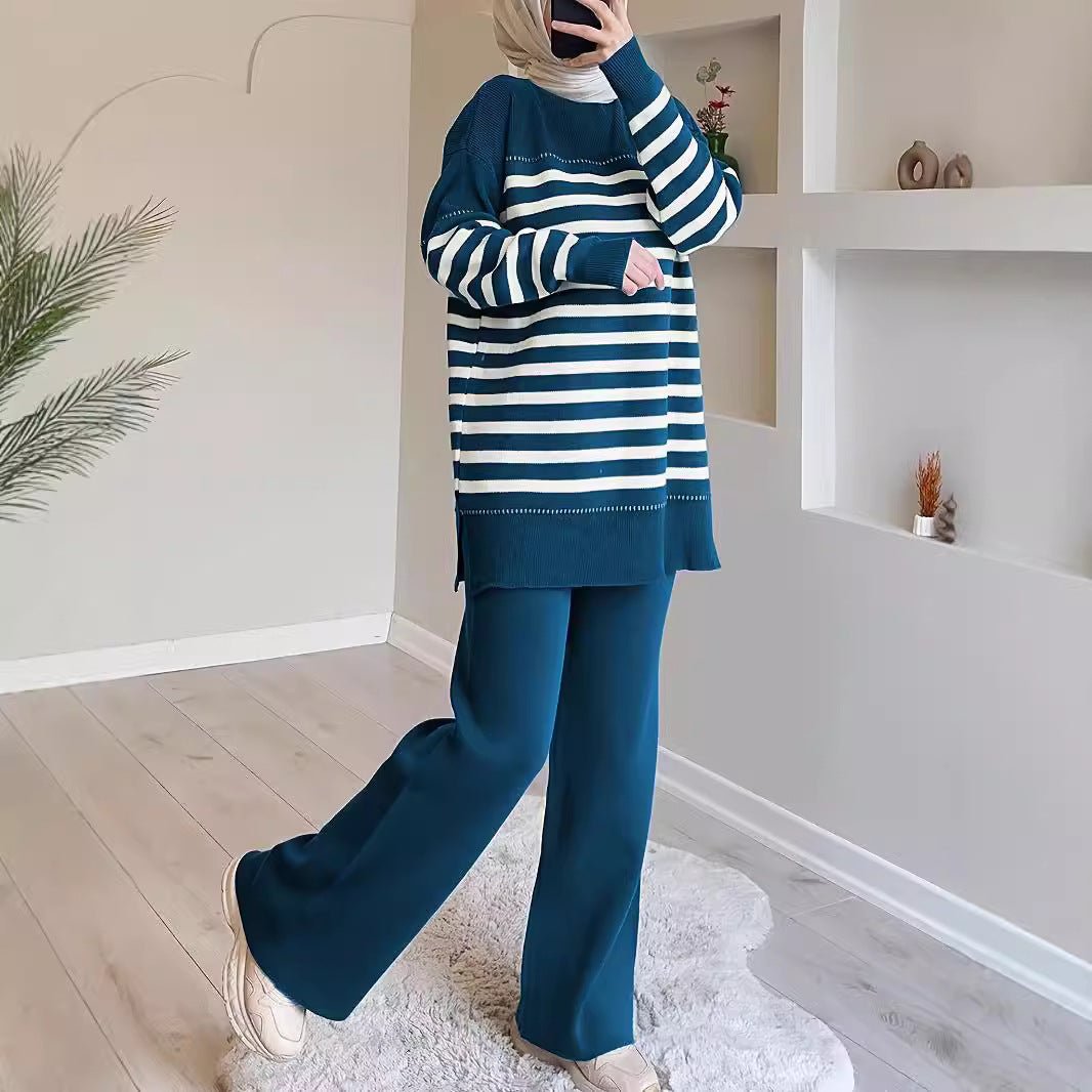 2-Piece Stripe Knit Sweater & Wide Leg Pants Set(MS426)