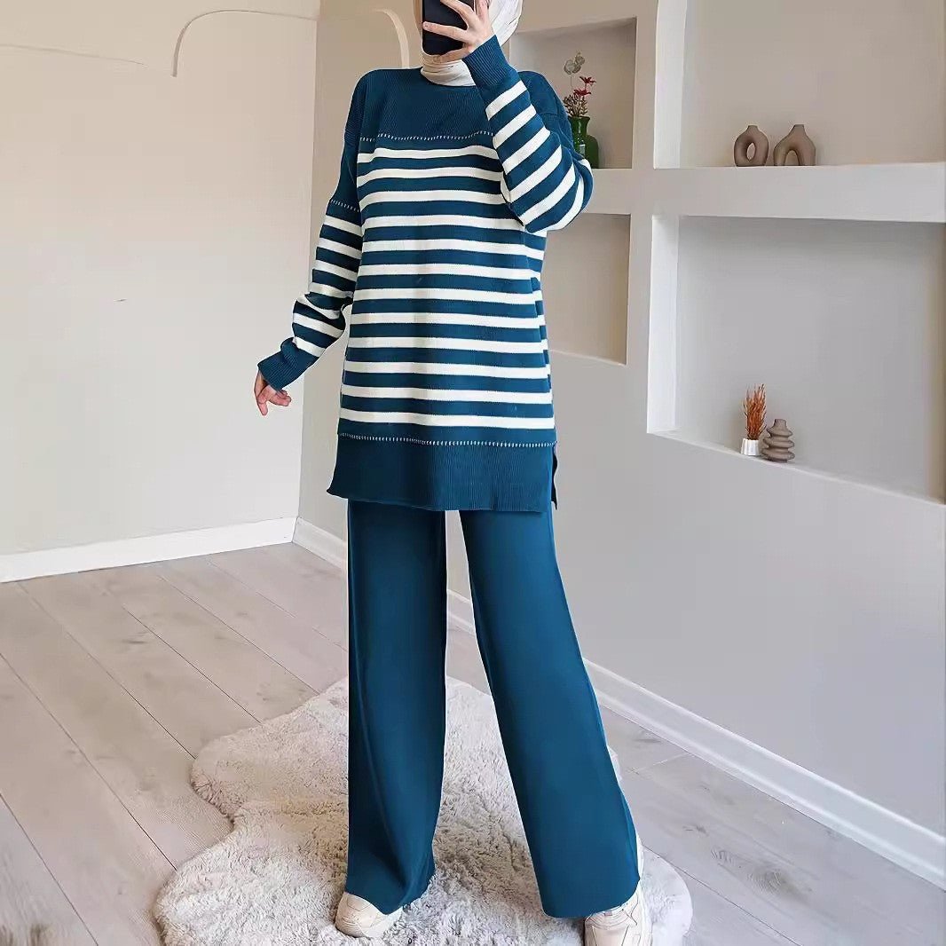 2-Piece Stripe Knit Sweater & Wide Leg Pants Set(MS426)