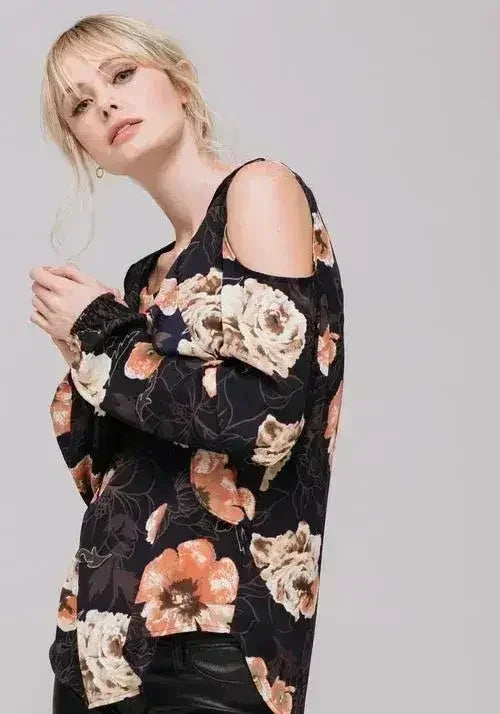 Women's Floral Print Long Sleeve Open Shoulder Top