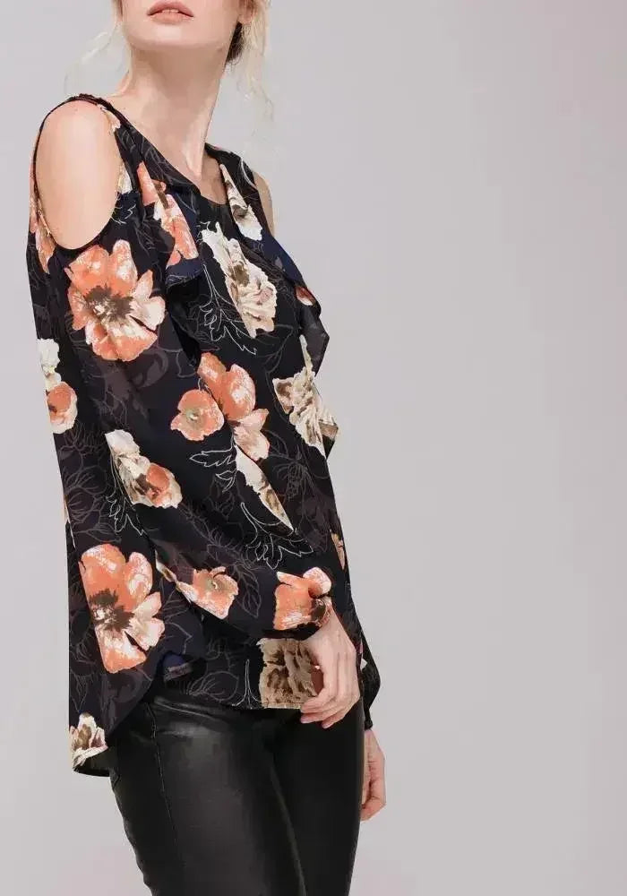 Women's Floral Print Long Sleeve Open Shoulder Top