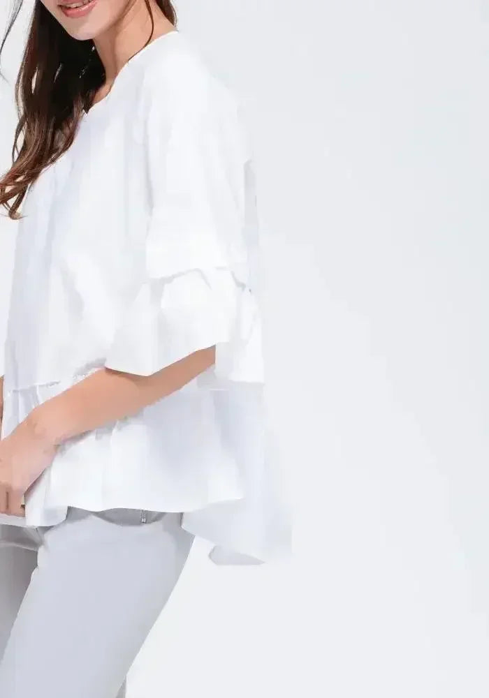 Women's Ruffle Hem Crew Neck Top In White