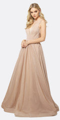 Juliet 201 Plunging V-Neckline Long Glitter Dress A-Line