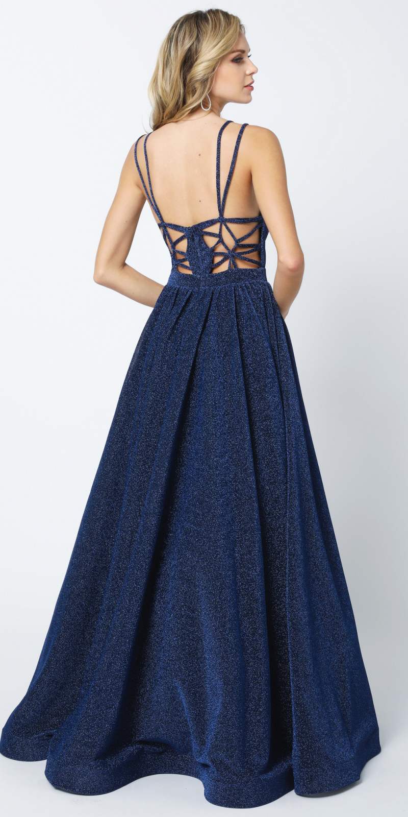 Juliet 201 Plunging V-Neckline Long Glitter Dress A-Line