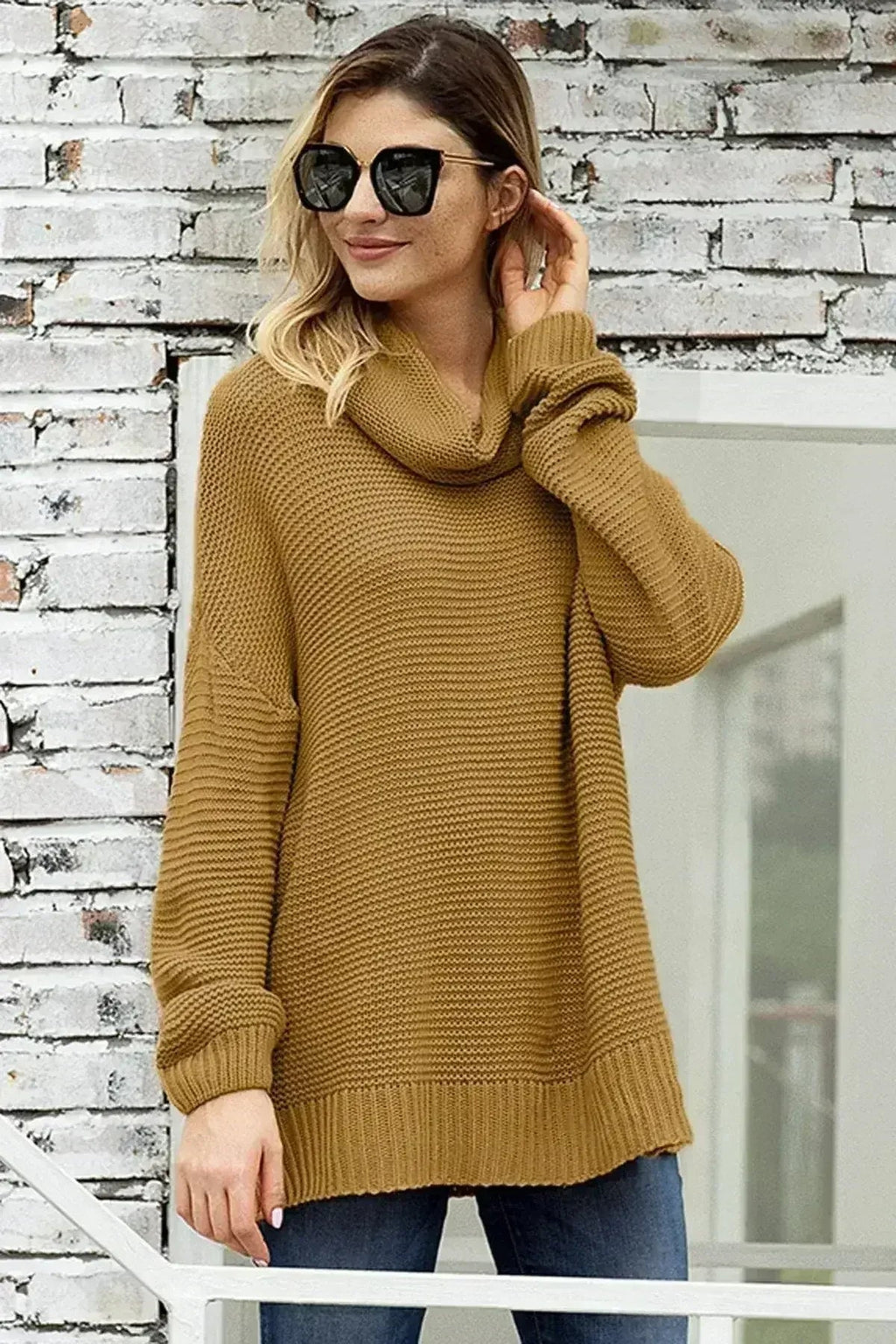 Khaki Turtleneck Sweater - Cozy Winter Knit with Long Sleeves | Femstylo