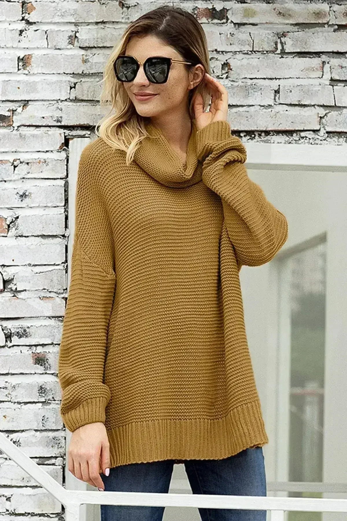 Khaki Turtleneck Sweater - Cozy Winter Knit with Long Sleeves | Femstylo