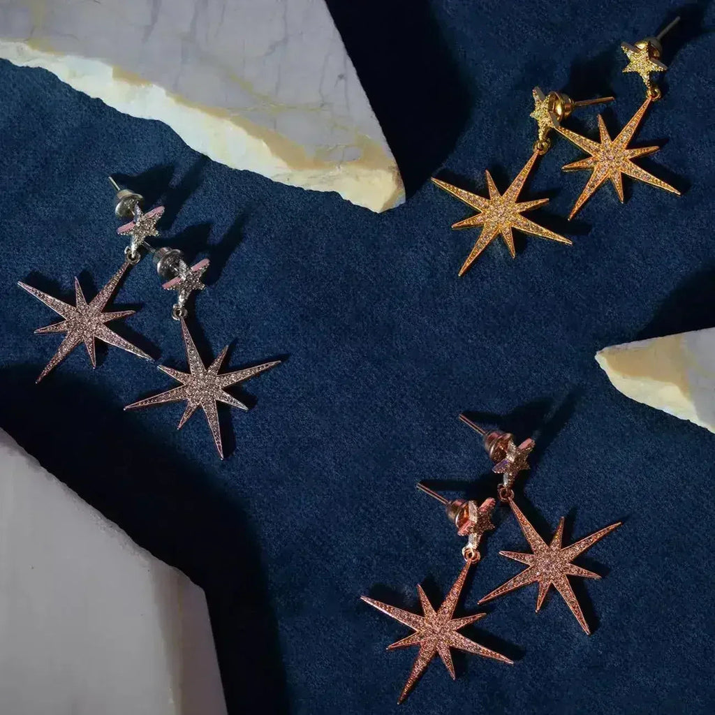 Petite Star Burst Drop Earrings | Gold CZ Celestial Jewelry - Femstylo