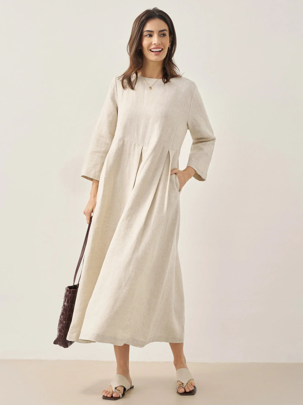 100% Linen Bateau Neck Pleated Midi Dress ABIGAIL