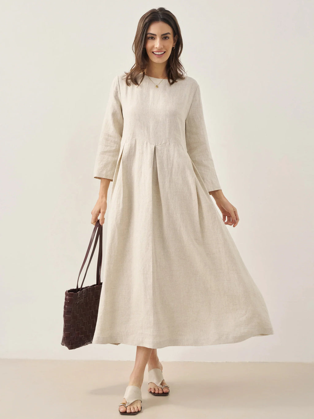 100% Linen Bateau Neck Pleated Midi Dress ABIGAIL