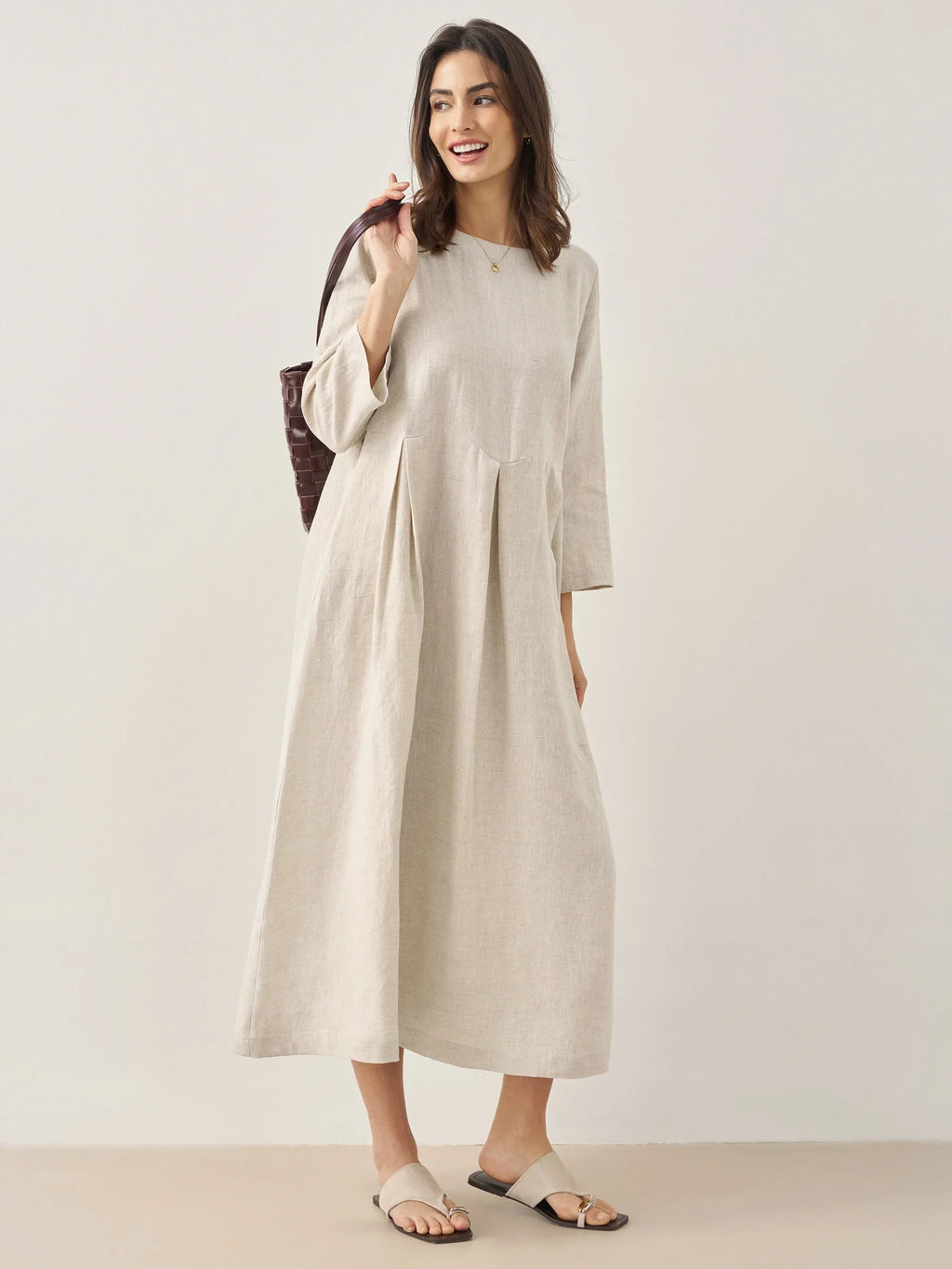 100% Linen Bateau Neck Pleated Midi Dress ABIGAIL