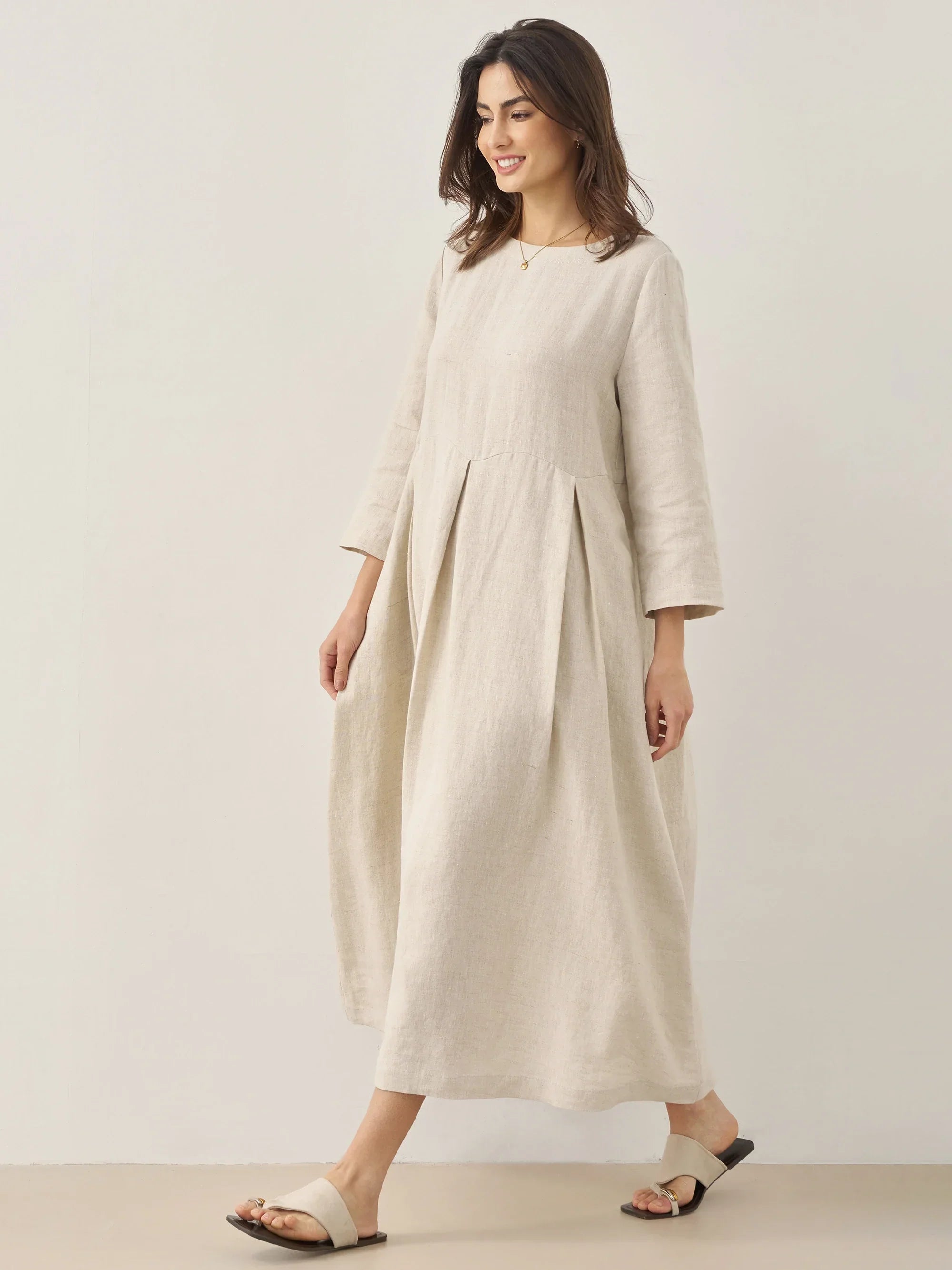 100% Linen Bateau Neck Pleated Midi Dress ABIGAIL